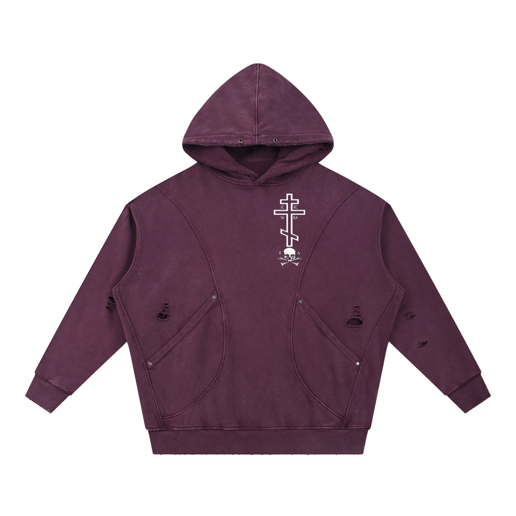 Snow Washed Distressed Panel Pocket Hoodie