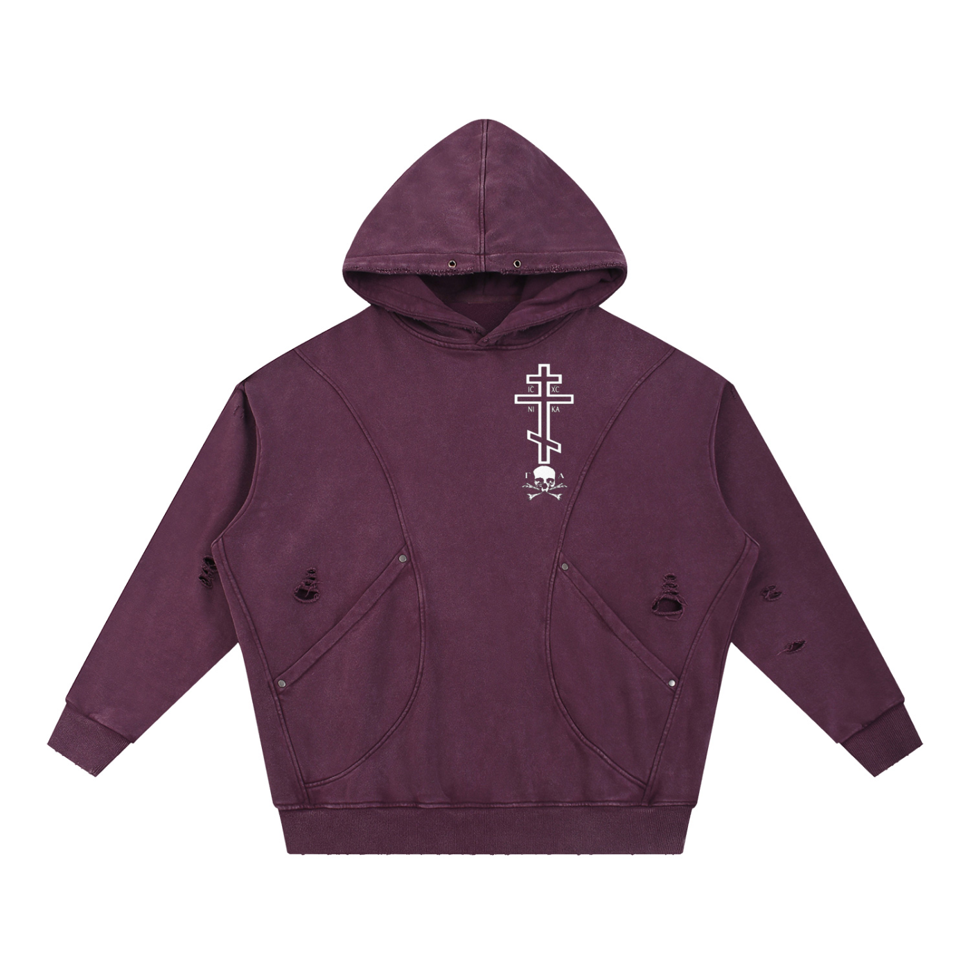 Snow Washed Distressed Panel Pocket Hoodie